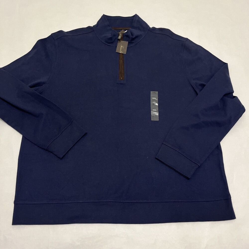 TASSO ELBA Men's 1/4 Zip Pullover Sweater Cotton Faux Suede Navy Blue Size 2XL